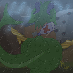 anthro bottom_heavy bow_(weapon) butt butt_focus detailed_background electricity first_aid_kit fish_tail gold_(metal) grass green_body green_hair group hair horn lightning male medical_instrument plant raining ranged_weapon scales scientific_instrument solo_focus thick_thighs weapon hurricane_weaver asgore_running_over_dess undertale_(series) asgore_dreemurr imp 1:1 meme