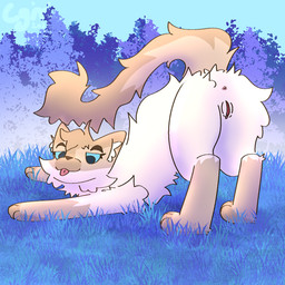 big_stretch blep butt female feral fur genitals head_tuft presenting presenting_hindquarters presenting_vulva simple_background smug solo stretching tan_body tan_fur tongue tongue_out toony tuft vulva white_body white_fur cgm warriors_(book_series) silkfur_(cgm) domestic_cat felid feline felis mammal 1:1 hi_res