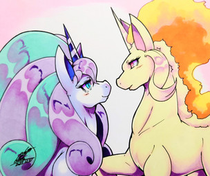 ambiguous_gender blue_eyes blush blush_lines duo eye_contact eyelashes feral horn looking_at_another mane pink_eyes simple_background white_body yellow_body 025aki mythology nintendo pokemon equid equine galarian_form galarian_rapidash generation_1_pokemon generation_8_pokemon mammal mythological_creature mythological_equine pokemon_(species) rapidash regional_form_(pokemon) unicorn 2025 absurd_res dated hi_res signature