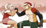 anthro arm_wrestling christmas_clothing christmas_headwear clenched_teeth clothed clothing countershading cybernetics duo female hat headgear headwear holidays machine male muscular santa_hat sitting teeth kittydee christmas felid mammal digital_media_(artwork) shaded