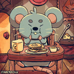 anthro biped black_nose chair detailed_background dot_eyes eating eyes_closed fangs food furniture pancake sitting solo teeth youkaishain mammal mouse murid murine rodent 1:1 2021 animated no_sound short_playtime webm