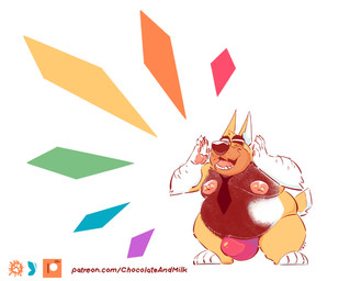 accessory anthro areola arm_hair barbell_piercing belly big_belly black_necktie black_nose body_hair bottomwear bulge clothed clothing excessive_body_hair eyes_closed eyewear fangs front_view fur glasses gloves_(marking) inner_ear_fluff male male_anthro markings moobs necktie nipple_piercing nipples obese obese_anthro obese_male open_mouth open_smile overweight overweight_anthro overweight_male piercing pink_nipples rectangular_glasses red_bottomwear red_clothing simple_background smile solo standing teeth text topless tuft white_background white_body white_fur white_inner_ear_fluff yellow_body yellow_ears yellow_fur chocolateandmilk richard_(chocolateandmilk) canid canine canis domestic_dog mammal full-length_portrait hi_res portrait url