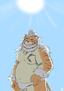 anthro bulge clothing cute_fangs eyes_closed fangs humanoid_hands kemono male outside overweight overweight_anthro overweight_male solo sun swimwear teeth 29_da2 lifewonders tokyo_afterschool_summoners hombre_tigre_(tas) felid mammal pantherine tiger 2020 hi_res