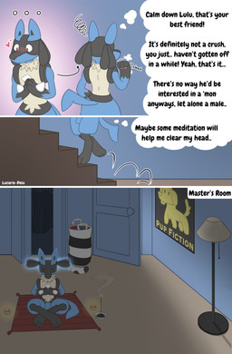 animal_genitalia anthro aura balls blush blush_lines candle crossed_legs dark_room dialogue duo ellipsis emanata frustration_cloud fully_sheathed genitals handpaw hands_together heart_symbol in_denial incense inner_monologue lamp male male/male meditation movie_poster paws pink_blush sheath sitting stairs stated_gender text thinking thought_bubble lucario-desu nintendo pokemon lulu_(lucario-desu) generation_4_pokemon lucario pokemon_(species) comic english_text hi_res