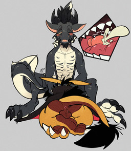 3_toes 5_fingers anthro anthro_on_anthro anthro_penetrated anthro_penetrating anthro_penetrating_anthro anus balls black_body black_hair blush bodily_fluids butt claws clothed clothing cum cum_inside cutaway duo ejaculation facial_hair feathers feet fellatio fingers frill_(anatomy) genital_fluids genitals goatee hair holding_head horn looking_pleasured lying male male/male male_penetrated male_penetrating male_penetrating_male mouth_shot nude obscured_penetration on_front open_mouth oral partially_clothed penetration penile rear_view scales sex sitting tail toes tongue vampire_costume yellow_body yellowluster weath_verncel 2025 digital_media_(artwork) signature