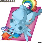 abdominal_bulge anthro balls big_breasts blue_body body_outline border breasts genitals gynomorph hair hooves huge_breasts intersex lying multicolored_hair nipples nude on_back pink_background pink_eyes rainbow_hair simple_background solo text unguligrade vore white_border wings bunnyboi0108 friendship_is_magic hasbro my_little_pony mythology rainbow_dash_(mlp) equid equine mammal mythological_creature mythological_equine pegasus 2025 absurd_res artist_name english_text hi_res