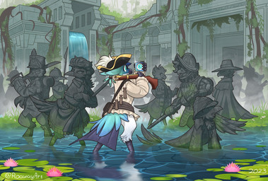 anthro armor blue_body blue_feathers capotain clothing feathers female forest grass group gun hat headgear headwear helmet inanimate_transformation lily_pad male melee_weapon mirror musket partially_submerged petrification pickelhaube plant polearm postman_hat rainforest ranged_weapon rapier rock ruins sculpture spear statue sword temple transformation tree water weapon roawayart avian 2023 hi_res