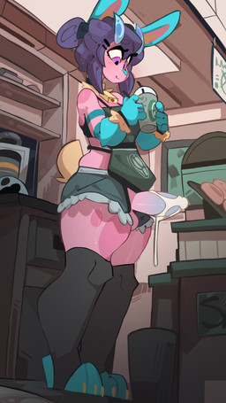 anthro apron arm_warmers armwear balls bell bell_collar beverage biped blush blush_lines bodily_fluids bottomwear casual_exposure clothing collar cum erection femboy genital_fluids genitals holding_beverage holding_object hotpants humanoid_genitalia humanoid_penis legwear male penis shorts solo thick_thighs thigh_highs lagomorph leporid mammal rabbit absurd_res hi_res