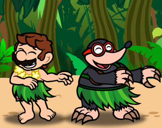3_fingers 3_toes 5_fingers 5_toes anthro big_nose black_body black_eyebrows black_facial_hair black_fur black_mustache black_nose bottomwear brown_claws brown_hair claws clothed clothed_anthro clothed_human clothed_male clothing coconut_bra dancing duo eyebrows eyes_closed eyewear facial_hair feet fern finger_claws fingers flower_necklace forest fur glasses grass_skirt green_bottomwear green_clothing green_skirt hair male male_anthro male_human mustache outside plant red_clothing red_eyewear red_glasses red_swimming_trunks red_swimwear sand short_hair skirt standing swimming_trunks swimwear tan_body tan_skin toe_claws toes tree captainquack64 banjo-kazooie mario_bros nintendo rareware bottles_(banjo-kazooie) mario eulipotyphlan human mammal mole_(animal) 2023 colored crossover digital_drawing_(artwork) digital_media_(artwork) english_description hi_res shaded simple_shading