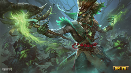 anthro claws fin glowing glowing_eyes group holding_object holding_staff magic magic_user male necromancer open_mouth plant sharp_teeth staff tail teeth tree narendra_bintara_adi smite reptile scalie undead 16:9 hi_res official_art widescreen
