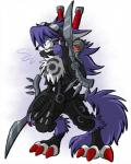 3_toes ambiguous_gender anthro belt blue_eyes claws clothing ears_down feet fluffy fluffy_chest fluffy_tail fur hair long_hair markings pivoted_ears purple_body purple_fur red_claws snout solo tail toe_claws toes weapon white_body white_fur worried portugueselynx bandai_namco digimon appmon_(species) digimon_(species) shutmon 2017 full-length_portrait portrait