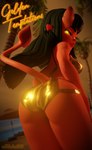 beach bikini black_hair butt clothing female flirting flirting_with_viewer gold_bikini hair looking_at_viewer looking_back palm_tree plant pose presenting presenting_hindquarters red_body solo swimwear tail text tree two-piece_swimsuit yellow_eyes merunyaa nkaiz00 lia3d_(modeler) golden_week meru_(merunyaa) demon demon_humanoid humanoid 3d_(artwork) digital_media_(artwork) hi_res pinup watermark