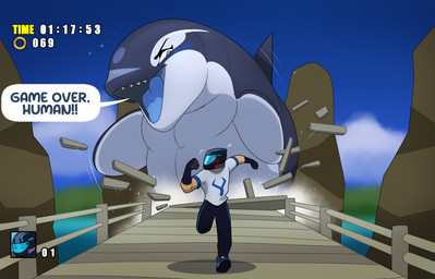 belly black_bottomwear black_clothing black_pants blue_body blue_clothing blue_eyes blue_fin blue_footwear blue_shoes boardwalk bottomwear chasing clothing dialogue dorsal_fin duo female feral fin footwear gameplay pants rock running running_away shirt shoes speech_bubble talking_feral text topwear user_interface white_belly white_clothing white_shirt white_topwear dolphinproject sega sonic_adventure sonic_the_hedgehog_(series) yano_(dolphinproject) aquatic cetacean dolphin human mammal oceanic_dolphin orca toothed_whale 2025 english_text hi_res