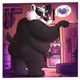 anthro appliance balls belly black_body black_fur bodily_fluids butt detailed_background eggplant eggplant_emoji erection eyewear facial_hair food fridge fruit fur genital_fluids genitals glasses inside kitchen_appliance male mature_male midnight_snack mustache overweight overweight_male penis plant precum solo standing white_body white_fur 06betos11 digby_dragon_(copyright) badger mammal mustelid musteline 2025 hi_res