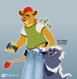 anthro cellphone diaper diaper_peekage duo electronics embarrassed feces holding_cellphone holding_object holding_phone holding_smartphone male male/male phone slightly_chubby smartphone smelly stink_fumes possumkiddo disney the_lion_guard the_lion_king bunga kion_(the_lion_guard) badger felid honey_badger lion mammal mustelid musteline pantherine absurd_res hi_res