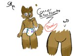 4:3 ambiguous_gender anthro blush blush_lines brown_body brown_fur canid canine canis cheek_tuft chest_tuft clean_diaper clothed clothing conner_(srcfur) diaper domestic_dog facial_tuft fluffy fluffy_tail fur gesture hand_gesture hi_res mammal model_sheet multicolored_body multicolored_fur pointing pointing_at_self simple_background solo srcfur tail tuft two_tone_body two_tone_fur wearing_diaper