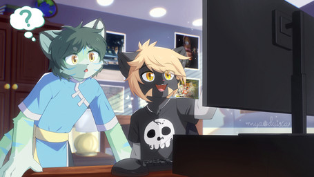 4_fingers anthro biped black_clothing black_hair black_nose black_shirt black_t-shirt black_topwear blue_clothing blue_stripes claws clothed clothing computer computer_keyboard computer_mouse duo electronics eyebrows fingers green_eyes green_hair hair inside kemono looking_at_object male open_mouth open_smile print_clothing print_shirt print_t-shirt print_topwear question_mark shirt short_hair sitting skull_print smile standing striped_body stripes t-shirt teeth thought_bubble tongue topwear white_body sunnynoga felid mammal pantherine tiger 16:9 2025 cel_shading digital_drawing_(artwork) digital_media_(artwork) hi_res shaded signature widescreen