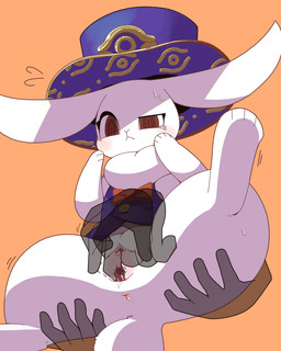 anus biped bipedal_feral blush bodily_fluids bow_tie brown_eyes carrying_another clitoris clothing disembodied_hand female female_feral female_fingered feral feral_fingered fingering front_view fur fur_tuft genital_fluids genitals group hat headgear headwear neck_tuft one_eye_half-closed orange_background paws purple_clothing purple_hat purple_headwear purple_topwear scut_tail short_tail simple_background spread_vulva spreading tail top_hat topwear trio tuft urethra vaginal_fluids vest vulva white_body white_fur crepix yu-gi-oh! silhouhatte_rabbit duel_monster human lagomorph leporid mammal rabbit 2025 4:5 cel_shading digital_drawing_(artwork) digital_media_(artwork) hi_res sequence shaded