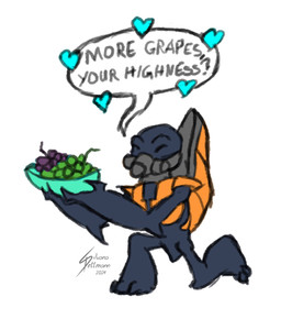 bowl container dialogue eyes_closed food fruit gas_mask grape heart_symbol kneeling mask plant simple_background solo speech_bubble text dragunalb halo_(series) microsoft xbox_game_studios alien unggoy colored english_text hi_res