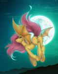 anus female feral flying genitals hair hooves long_hair looking_at_viewer looking_back membrane_(anatomy) membranous_wings moon night pink_hair pussy red_eyes smile solo underhoof wings margony friendship_is_magic hasbro my_little_pony flutterbat_(mlp) fluttershy_(mlp) bat_pony equid mammal thestral digital_media_(artwork) hi_res shaded