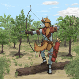 aiming anthro archer arrow_(weapon) baldric belt bottomwear bow_(weapon) clothing detailed_background footwear forest fur furgonomics gloves grey_body grey_fur hair handwear holding_melee_weapon holding_object holding_sword holding_weapon leather log loincloth looking_away male melee_weapon orange_body orange_fur orange_hair plant ponytail quiver_(object) ranged_weapon rear_view sandals scabbard sheathed_weapon shoes solo step_pose sword tail tail_clothing tree weapon wood marsonaut canid canine canis mammal wolf hi_res