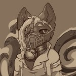 anthro bell bell_collar clothed clothing collar looking_at_viewer male muzzle_(object) muzzled overalls simple_background solo speckled_fur tentacles wire_basket_muzzle kalystri kalystri_(character) domestic_cat felid feline felis mammal 1:1 line_art monochrome