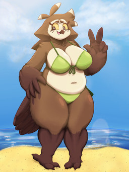 4_toes anisodactyl anthro beach beak belly big_breasts bikini breasts brown_body brown_feathers brown_hair clothing curvy_figure feather_hands feathers feet female front_view green_bikini green_clothing green_swimwear hair hand_on_hip non-mammal_breasts overweight overweight_anthro overweight_female pose seaside sky slightly_chubby slightly_chubby_anthro slightly_chubby_female smile solo swimwear tail tail_feathers thick_thighs toes triangle_bikini two-piece_swimsuit wide_hips yellow_eyes friedpeep marlene_(crumbleferret) avian bird owl hi_res pinup