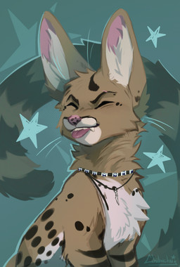 ambiguous_gender black_markings chest_tuft eyes_closed facial_scar fangs feral fur inner_ear_fluff jewelry markings necklace necklace_only nude pink_tongue scar solo spots spotted_body spotted_fur spotted_nose striped_markings striped_tail stripes tail tail_markings tan_body tan_fur teeth tongue tongue_out tuft whiskers white_body white_fur chibichu~ felid feline mammal serval colored digital_drawing_(artwork) digital_media_(artwork) hi_res shaded