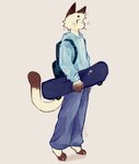 anthro backpack black_backpack black_eyes blue_bottomwear blue_clothing blue_hoodie blue_pants blue_topwear blush blush_lines bottomwear clothing fur holding_skateboard hoodie looking_at_viewer male pants slim_anthro slim_male solo standing topwear white_body white_fur bunonthemoon domestic_cat felid feline felis mammal 2023