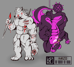 6_arms 8_eyes anthro black_body blood bodily_fluids duo gold_(metal) gore hanging_upside_down holidays horn jewelry magenta_body male male/male melee_weapon multi_arm multi_eye multi_limb necklace polearm spear spikeball_tail upside_down weapon white_body kayz0 halloween neeco_neecoola arachnid arthropod spider absurd_res hi_res