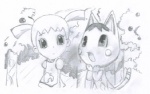 anthro bouquet clothed clothing duo female forest male outside plant tree wood young unknown_artist animal_crossing nintendo ai_(animal_crossing) rosie_(animal_crossing) domestic_cat felid feline felis human mammal graphite_(artwork) greyscale low_res monochrome traced traditional_media_(artwork)