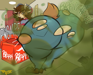 antlers big_butt bottomwear brown_body brown_fur brown_hair butt clothing delivery_(commerce) delivery_employee denim denim_bottomwear denim_clothing detailed_background duo fart fart_cloud fart_fetish farting_on_another fur gasp green_fart_cloud hair horn huge_butt hyper hyper_butt hyper_fart jeans looking_back male onomatopoeia pants presenting presenting_hindquarters red_eyes short_tail smile sound_effects tail text teasyrat deer mammal hi_res