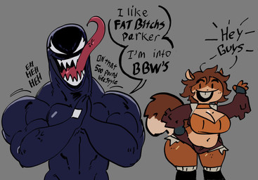 alternate_species anthro anthrofied big_breasts big_teeth black_text bottomwear breasts brown_bottomwear brown_clothing brown_hair brown_shorts brown_tail brown_topwear buckteeth cleavage clothed clothed_anthro clothed_female clothing countershade_torso countershading cross-popping_vein dialogue duo female female_anthro grey_background hair hands_together hotpants humor legwear long_tongue looking_at_viewer male male/female markings mole_(marking) mole_on_breast muscular muscular_male navel open_clothing open_mouth open_smile open_topwear overweight overweight_female pink_tongue profanity sharp_teeth shorts simple_background simple_eyes slightly_chubby slightly_chubby_anthro slightly_chubby_female smile speech_bubble tail tan_body tan_countershading teeth text thick_thighs tongue tongue_out topwear white_eyes mooncheese marvel marvel_rivals squirrel_girl_(marvel) venom_(marvel) humanoid mammal rodent sciurid symbiote tree_squirrel 2026 digital_drawing_(artwork) digital_media_(artwork) english_text hi_res