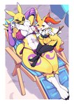 2024 abs absurd_res anthro armwear bandai_namco beach big_breasts bikini black_sclera blue_eyes braixen breast_size_difference breasts bridal_gauntlets butter_sugoi canid clothing digimon digimon_(species) dipstick_ears duo ear_markings eyewear feet female food fur generation_6_pokemon gesture hand_gesture hi_res holding_food holding_object inner_ear_fluff looking_at_viewer mammal multicolored_body multicolored_ears nintendo paws pokemon pokemon_(species) red_eyes renamon sitting small_breasts sunglasses swimwear toes tomoe_(symbol) tuft two-piece_swimsuit v_sign white_body white_fur yellow_body yellow_fur