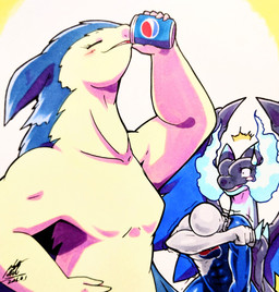 abs ambiguous_gender anthro beverage beverage_can black_body blue_body blue_fur blush blush_lines bodily_fluids breasts drinking eyelashes eyes_closed featureless_breasts female fur group holding_beverage holding_object male membrane_(anatomy) membranous_wings multicolored_body muscular muscular_male open_mouth simple_background small_breasts sweat tan_body tan_fur tongue trio two_tone_body wings 025aki nintendo pepsi pokemon pepsiman_(character) generation_2_pokemon generation_6_pokemon humanoid mega_charizard mega_charizard_x mega_evolution pokemon_(species) typhlosion 2026 absurd_res dated hi_res signature