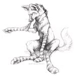 ambiguous_gender clothing digitigrade feral footwear legwear pattern_clothing pattern_legwear paws_in_socks quadruped simple_background sitting socks solo striped_clothing striped_legwear stripes text white_background kenket canid canine mammal maned_wolf 2021 digital_media_(artwork) greyscale monochrome sketch url