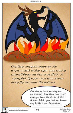 black_body comic_panel feral fire greek horn male solo teeth text toony lightluxcollie denatured_(lightluxcollie) mythology belmodeus_(lightluxcollie) dragon mythological_creature mythological_scalie scalie comic english_text hi_res url