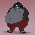 annoyed anthro barefoot belly belly_overhang big_belly big_butt biped black_body black_fur black_hair butt claws clothed clothing feet fur green_eyes grey_body grey_fur hair love_handles male moobs navel obese obese_anthro obese_male overweight overweight_anthro overweight_male pink_background simple_background solo standing teeth thick_thighs toe_claws topless wide_hips shikakaka blizzard_entertainment warcraft canid mammal werecanid werecreature worgen