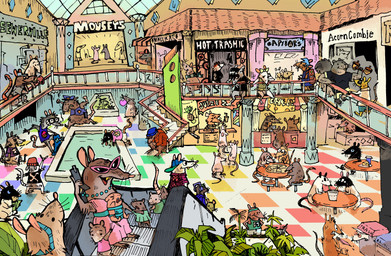 anthro black_body black_fur brown_body brown_fur clothing detailed_background drinking exercise eyewear fingers food fur grey_body grey_fur group hat headgear headwear inside money pizza plant running shirt sitting skateboard standing sunglasses topwear trash_can vehicle water workout bedupolker abercrombie_and_fitch hot_topic macy's mammal murid murine rat rodent sciurid tree_squirrel 2022 absurd_res digital_media_(artwork) hi_res
