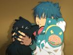 black_body black_fur blue_hair brown_eyes clothed clothing collar duo electronics feral fur hair headphones long_hair male open_mouth pushing size_difference torao_asada dramatical_murder nitro+chiral aoba_seragaki ren_(dmmd) allmate canid canine canis domestic_dog human mammal 2012 hi_res official_art