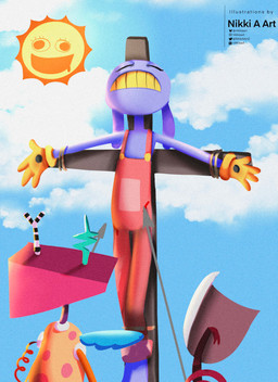 ambiguous_gender anthro big_ears blood bodily_fluids christian_cross christian_symbol clothing cloud cross crucifix crucifixion female fur gloves group handwear melee_weapon nail_in_hand overalls pink_clothing pink_overalls polearm purple_body purple_fur religion religious_symbol sacrilegious spear sun trio weapon yellow_clothing yellow_gloves yellow_handwear nikkiaart christianity glitch_productions the_amazing_digital_circus gangle_(tadc) jax_(tadc) zooble_(tadc) lagomorph leporid mammal rabbit 2026 absurd_res digital_drawing_(artwork) digital_media_(artwork) english_description hi_res