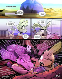 anthro blue_clothing blue_topwear blush bottomwear cheek_tuft clothed clothing crotch_sniffing dialogue duo eyewear facial_tuft feral fur gasp glasses hair inside laboratory long_ears lying lying_on_ground male on_back on_ground onomatopoeia radial_speed_lines red_clothing red_topwear scared sniffing sound_effects speech_bubble text topwear torn_bottomwear torn_clothing torn_topwear tuft wearing_glasses wide_eyed yellow_body yellow_fur inoby spacebunz captain_hopp mr._t._wink stephan_(spacebunz) alien lagomorph leporid mammal rabbit unknown_species 2025 absurd_res artist_name colored comic digital_drawing_(artwork) digital_media_(artwork) english_text hi_res