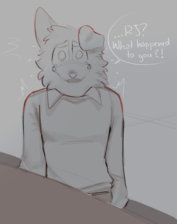 anthro bodily_fluids clothing cute_fangs fangs floppy_ears flying_sweatdrops freckles furniture male markings mole_(marking) one_ear_up question_mark sitting solo sweat sweatdrop sweater table teeth topwear worried young cerberussenn louie_sweeto_(cerberussenn) canid canine canis mammal wolf