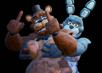 4_fingers anthro areola belly big_belly big_moobs blue_body blue_eyes bow_tie brown_body clothing duo fingers front_view gesture green_eyes hand_gesture hat headgear headwear huge_belly huge_moobs looking_at_viewer machine male male/male middle_finger moob_grab moobs multicolored_body nipples nude overweight overweight_anthro overweight_male pose simple_background smile teeth top_hat wynter_faver snips456fur_(modeler) five_nights_at_freddy's scottgames bonnie_(fnaf) freddy_(fnaf) animatronic bear lagomorph leporid mammal rabbit robot 2025 3d_(artwork) blender_(artwork) digital_media_(artwork)