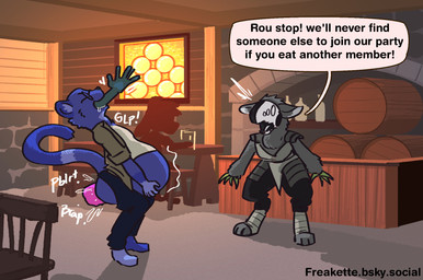 5_fingers ambiguous_gender ambiguous_prey anthro barefoot barrel belly bench big_belly biped black_bottomwear black_clothing black_pants black_text blue_body blue_bottomwear blue_clothing blue_ears blue_fur blue_pants blue_tail bottomwear brown_clothing brown_shirt brown_topwear candy_feces chair clothed clothing colored_feces day dialogue digitigrade eyes_closed eyewear feces feet fingers food_feces fur furniture glasses grey_body grey_fur group inside instant_digestion instant_disposal leg_wraps light machine male male_anthro male_pooping male_pred open_clothing open_mouth open_shirt open_topwear oral_vore pants partially_inside pink_feces pooping public public_pooping robe rolled_up_sleeves same_size_vore shadow shirt silhouette snout speech_bubble standing sunlight table tail talking_to_another tavern text topwear unusual_feces vore white_clothing white_robe white_shirt white_topwear window wraps freakette routaru gulonine mammal marten mustelid musteline protogen true_musteline weasel 2026 english_text hi_res url