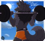 anthro barbell black_body black_fur blush body_hair bottomwear butt clothed clothing dolphin_shorts fur grey_body grey_fur hair jockstrap looking_at_viewer male red_eyes shorts simple_background smile solo tail text underwear taesponja canid canine canis mammal wolf absurd_res digital_drawing_(artwork) digital_media_(artwork) english_text hi_res shaded