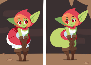 2_panel_comic :3 before_and_after big_butt bloomers boots bottomwear breasts butt butt_expansion clothing dress expansion female footwear gloves green_body hair hands_together handwear hood huge_butt huge_thighs humanoid_pointy_ears hyper hyper_butt medium_breasts not_furry orange_hair pointy_ears red_eyes shirt shoes solo tank_top thick_thighs topwear underwear_removed smuggoblin goblin humanoid 2026 comic digital_drawing_(artwork) digital_media_(artwork)