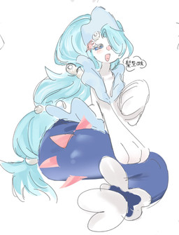 ambiguous_gender anthro blue_eyes blue_hair blush blush_lines fangs gem hair one_eye_obstructed open_mouth pearl_(gem) simple_background sitting solo starfish_(accessory) tail teeth text tongue white_body beloved_siren nintendo pokemon asterozoan echinoderm generation_7_pokemon marine pokemon_(species) primarina starfish 2025 hi_res japanese_text