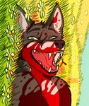ambiguous_gender anthro black_lips blood blood_on_face blood_on_shoulder bodily_fluids cheek_tuft facial_tuft fangs flower fur green_eyes grey_body grey_fur happy head_tuft laugh lips looking_at_viewer lying nude on_back open_mouth open_smile plant red_tongue smile solo teeth text tongue tuft white_body white_flower white_fur 0ct0m0n0 canid canine mammal artist_name hi_res