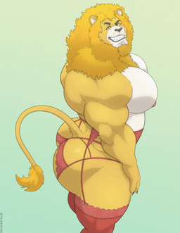 anthro back_muscles barazoku biceps big_butt big_muscles biped bubble_butt butt claws clothed clothing crossdressing deltoids eyebrows fur garter_belt garter_straps grey_background huge_butt huge_muscles lace legwear lingerie looking_at_viewer male male_anthro mane muscular muscular_anthro muscular_male nipples panties pecs side_view simple_background skimpy smile solo standing teeth thick_arms thick_thighs thigh_highs topless topless_anthro topless_male triceps tuft underwear tylerstark felid lion mammal pantherine 2025 absurd_res hi_res